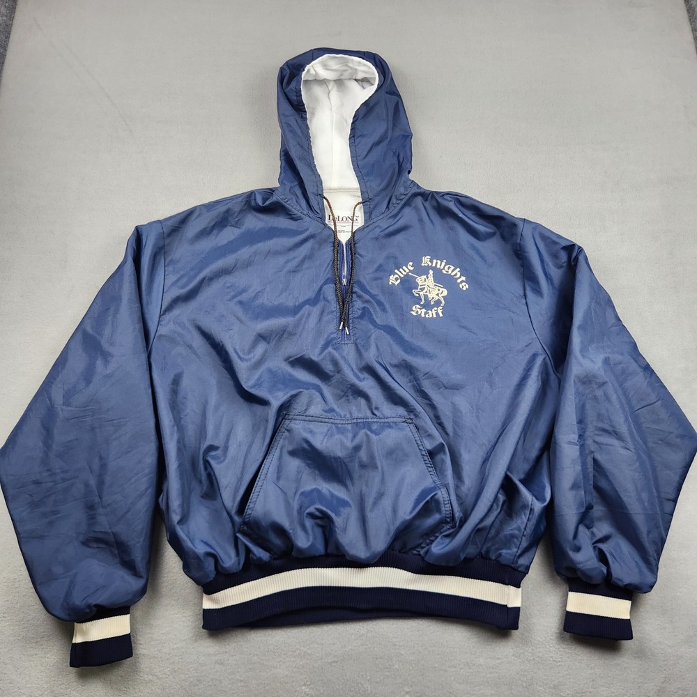 Vintage DeLONG Blue Knights Staff Navy Nylon Quarter Zip Hooded Windbreaker XL